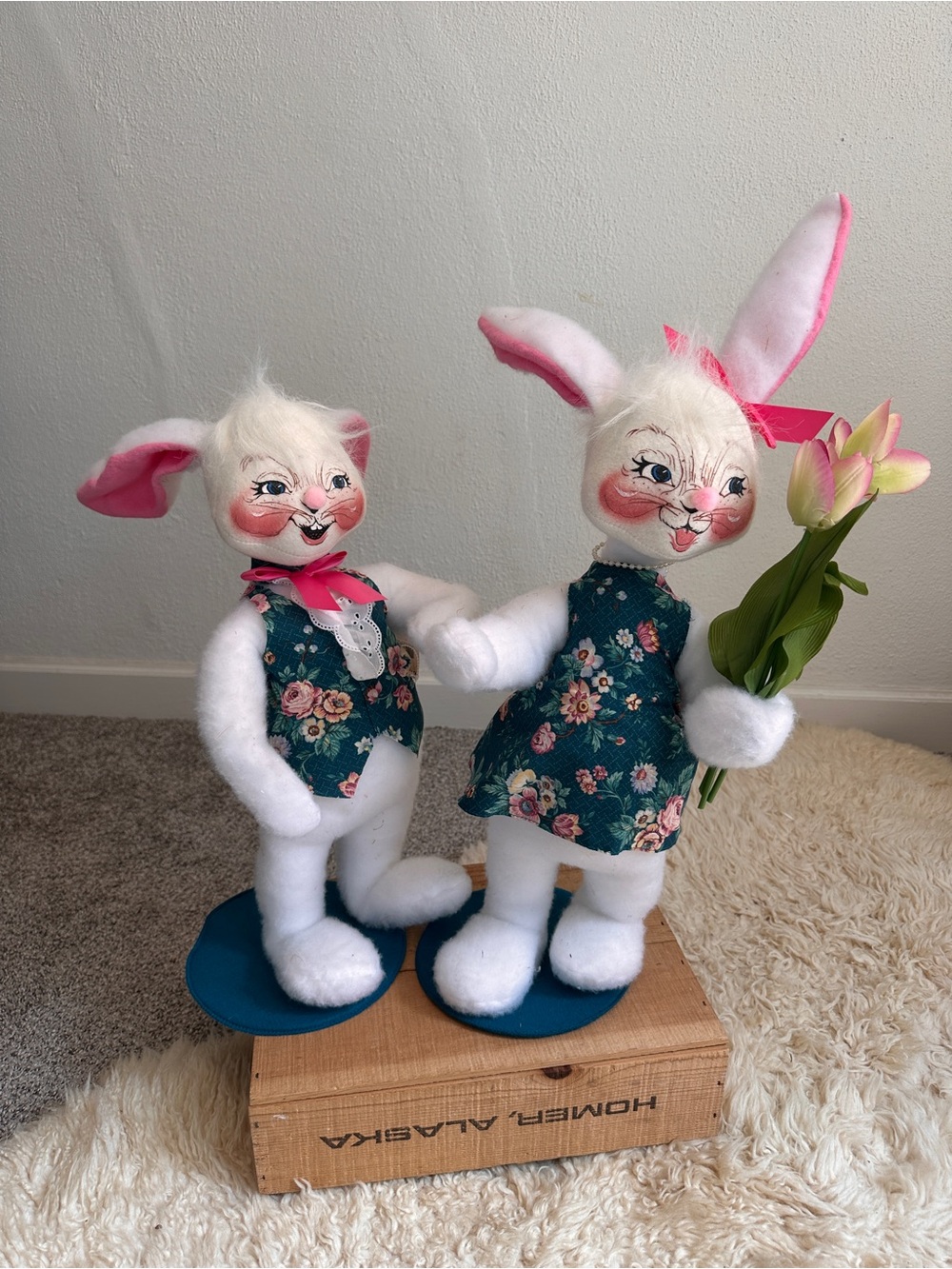 Annalee Easter dolls rabbit Bunny boy girl 18in 20in country sunday best pair